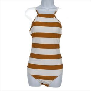 Swimsuit One Piece Halter Large Stripe in Dark Yellow and White Size Small